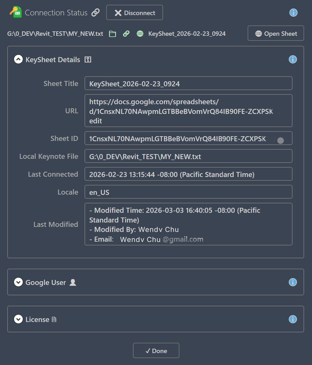 Estado detallado de conexión de KeySheet