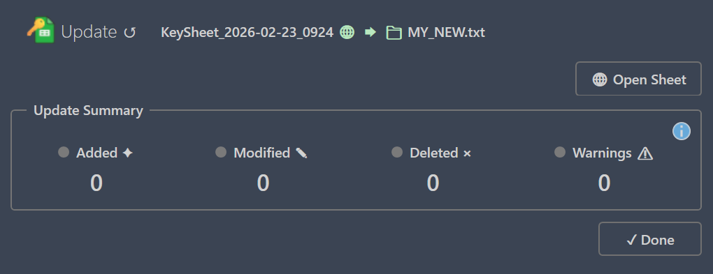 KeySheet Update summary and counts