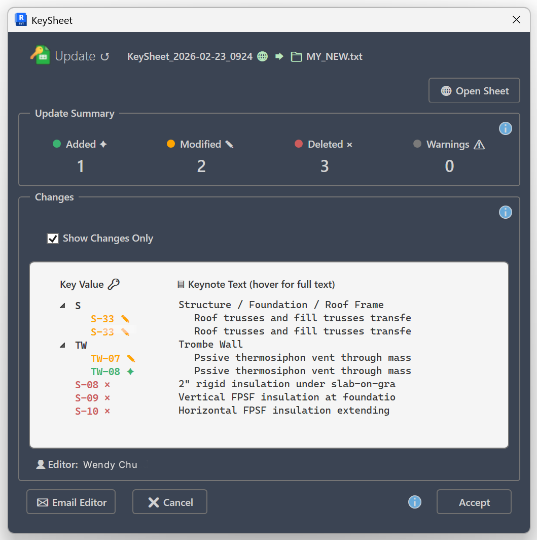 Interfaz de comparación de cambios en KeySheet